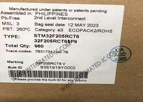 Μικροελεγκτές ΒΡΑΧΙΌΝΩΝ τσιπ STM32F205RCT6 ολοκληρωμένων κυκλωμάτων - τριανταδυάμπιτη συνδετικότητα 256kB μ3 φλοιών ΒΡΑΧΙΌΝΩΝ MCU