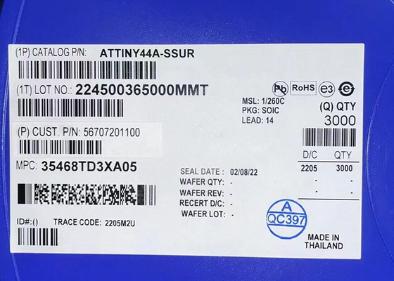 Attiny44a-SSUR η οκτάμπιτη επιφάνεια ολοκληρωμένου κυκλώματος 14-SOIC μικροελεγκτών λάμψης 20MHz 4KB τοποθετεί