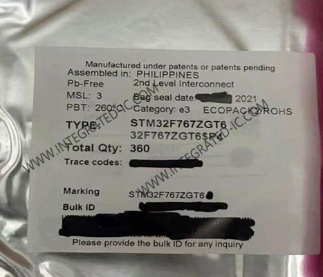 1MB τριανταδυάμπιτο ενιαίο ολοκληρωμένο κύκλωμα μικροελεγκτών πυρήνων τσιπ STM32F767ZGT6 ολοκληρωμένων κυκλωμάτων