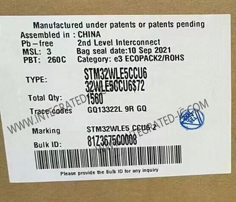 STM32WLE5CCU6 256 επιφάνεια ολοκληρωμένου κυκλώματος 48-UFQFN πομποδεκτών λάμψης RF kbyte τοποθετεί